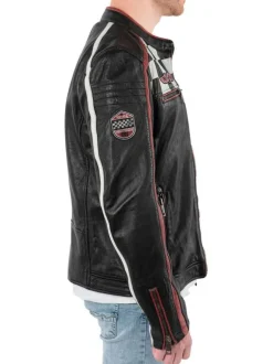 Blouson en cuir de mouton noir uni avec une coupe droite et un col rond