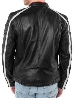 Blouson en cuir de mouton noir uni avec une coupe droite et un col rond