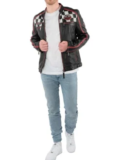 Blouson en cuir de mouton noir uni avec une coupe droite et un col rond