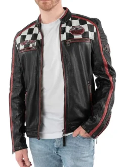 Blouson en cuir de mouton noir uni avec une coupe droite et un col rond