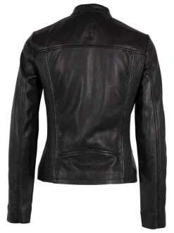 Blouson en cuir de mouton noir uni à coupe ajustée et col montant à pression