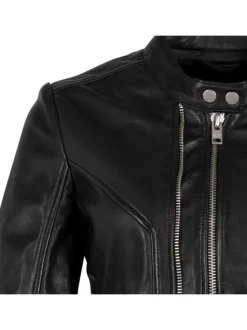 Blouson en cuir de mouton noir uni à coupe ajustée et col montant à pression