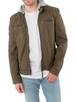 Blouson en cuir de mouton olive uni avec une coupe ajustée et un col à capuche