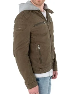 Blouson en cuir de mouton olive uni avec une coupe ajustée et un col à capuche