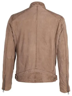 Blouson en cuir de mouton sable uni avec une coupe droite et un col montant