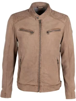 Blouson en cuir de mouton sable uni avec une coupe droite et un col montant