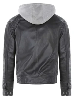 Blouson en cuir en cuir de mouton bleu uni droit avec parmenture à capuche