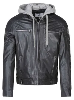 Blouson en cuir en cuir de mouton bleu uni droit avec parmenture à capuche