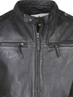 Blouson en cuir en cuir de mouton noir uni droit à col montant et poches
