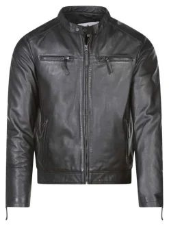 Blouson en cuir en cuir de mouton noir uni droit à col montant et poches