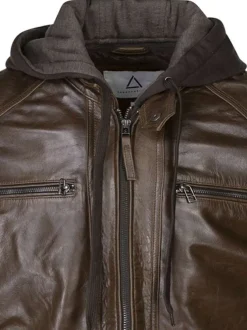 Blouson en cuir en cuir marron uni avec une coupe droite et un col à capuche