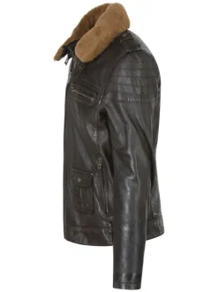 Blouson en cuir marron avec une coupe droite et un col aviateur amovible