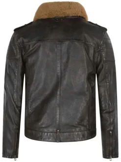 Blouson en cuir marron avec une coupe droite et un col aviateur amovible
