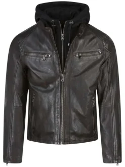 Blouson en cuir marron avec une coupe droite et une capuche amovible