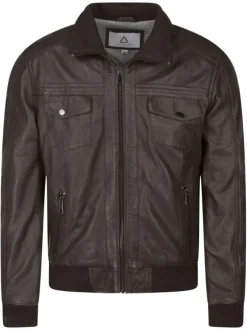 Blouson en cuir marron uni avec un col à revers courts en tricot