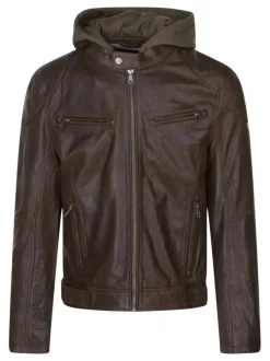 Blouson en cuir marron uni coupe ajustée col à capuche et fermeture zippée