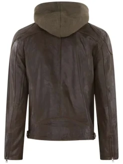 Blouson en cuir marron uni coupe ajustée col à capuche et fermeture zippée