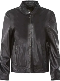 Blouson en cuir noir uni avec une coupe droite et un col rond