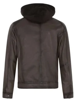 Blouson en cuir taupe uni avec une coupe ajustée et un col à capuche