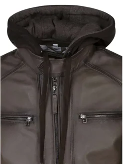 Blouson en cuir taupe uni avec une coupe ajustée et un col à capuche