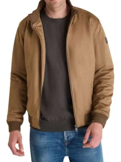 Blouson en cuir taupe uni avec une coupe droite et un col montant