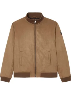 Blouson en cuir taupe uni avec une coupe droite et un col montant