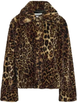 Blouson en fausse fourrure léopard avec un col à revers et une coupe droite