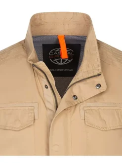 Blouson en jean beige en coton uni zippé coupe droite col montant à manches longues