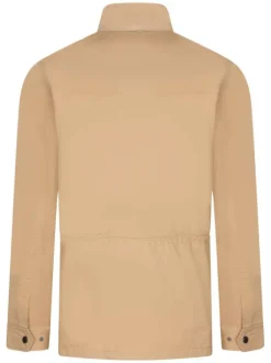 Blouson en jean beige en coton uni zippé coupe droite col montant à manches longues