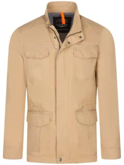 Blouson en jean beige en coton uni zippé coupe droite col montant à manches longues