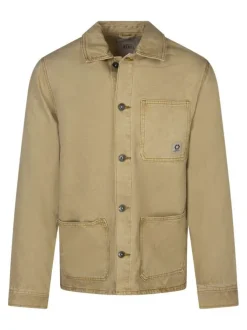 Blouson en jean beige uni avec une coupe droite et un col à revers