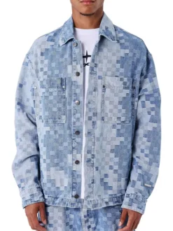 Blouson en Jean bleu géométrique avec une coupe droite et un col boutonné
