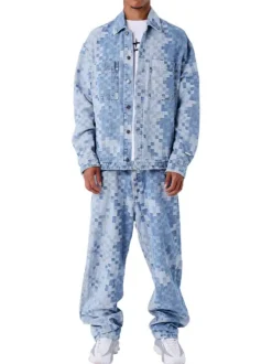 Blouson en Jean bleu géométrique avec une coupe droite et un col boutonné
