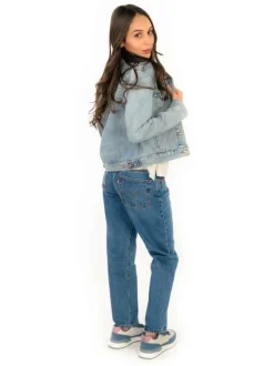 Blouson en jean bleu stone effet délavé avec un col à revers