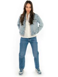 Blouson en jean bleu stone effet délavé avec un col à revers