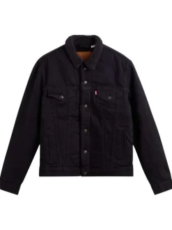 Blouson en jean à boutons pression, fourré, en coton noir à col sherpa