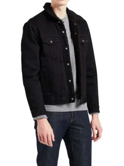 Blouson en jean à boutons pression, fourré, en coton noir à col sherpa