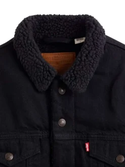Blouson en jean à boutons pression, fourré, en coton noir à col sherpa