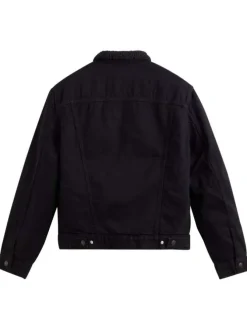 Blouson en jean à boutons pression, fourré, en coton noir à col sherpa
