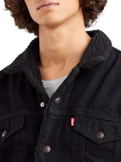 Blouson en jean à boutons pression, fourré, en coton noir à col sherpa