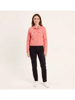 Blouson en Jean corail uni avec une coupe droite et un col boutonné