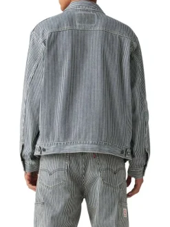 Blouson en jean en coton bleu à rayures avec un col à revers et des poches