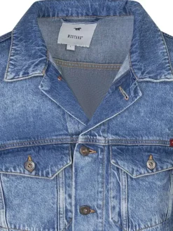 Blouson en jean en coton bleu stone légèrement délavé avec un col à revers