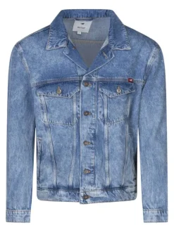 Blouson en jean en coton bleu stone légèrement délavé avec un col à revers