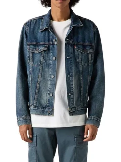 Blouson en jean en coton bleu uni avec un col à revers et des poches