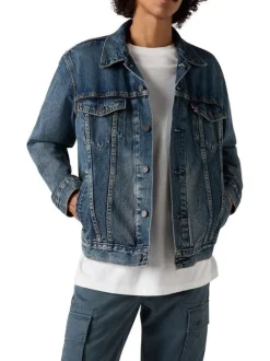 Blouson en jean en coton bleu uni avec un col à revers et des poches