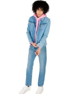 Blouson en Jean en coton bleu uni coupe droite col français avec poche poitrine