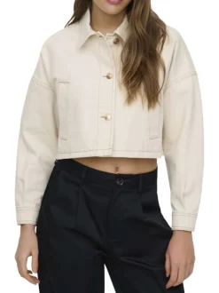 Blouson en jean en coton écru uni pourvu d'un col chemise et d'une coupe droite