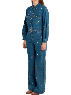Blouson en jean en coton indigo pourvu de motifs floraux brodés