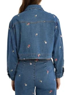Blouson en jean en coton indigo pourvu de motifs floraux brodés